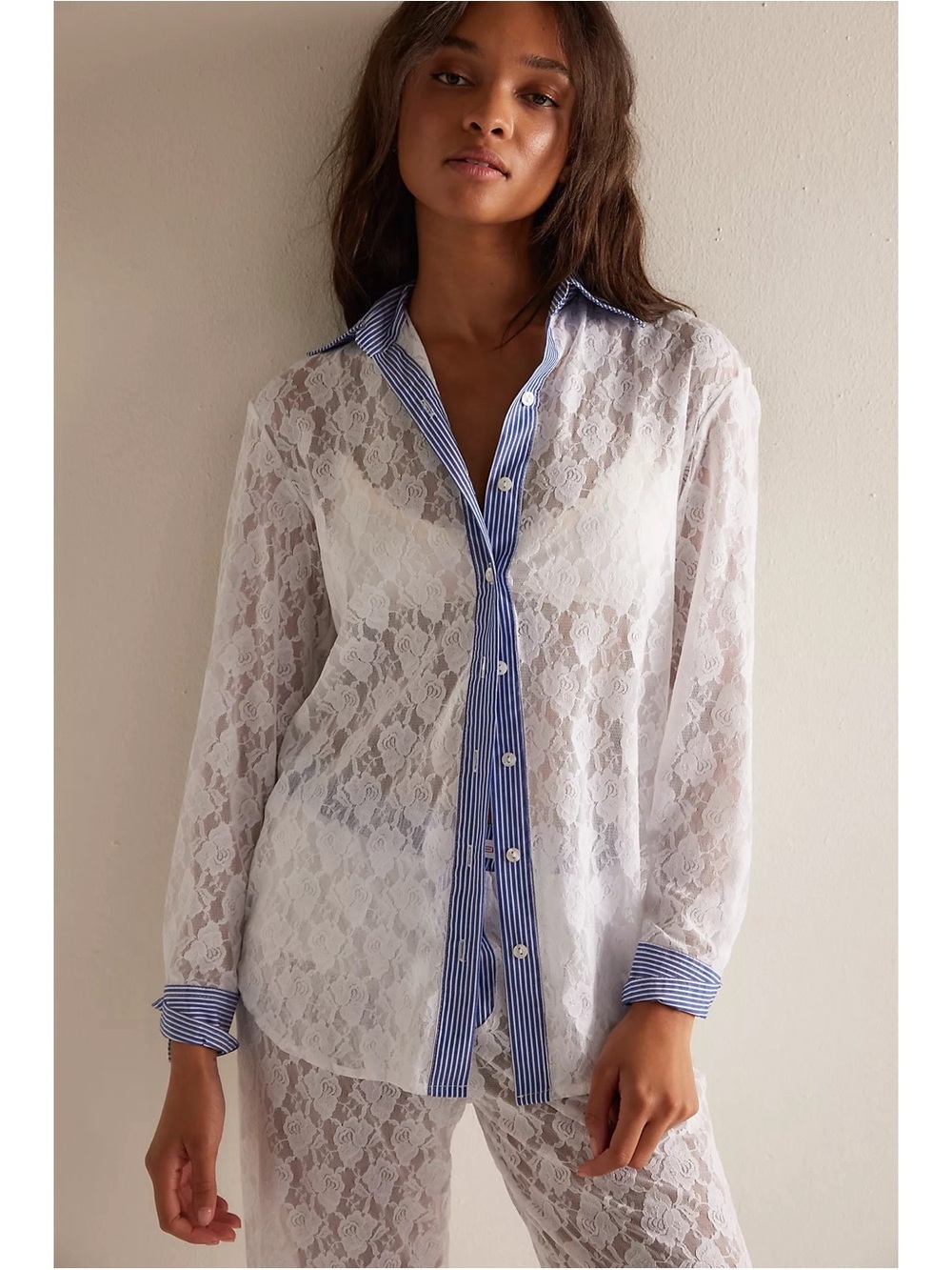 Hand Over Paco Shirt in White Lace Blue Stripe Button Down Fun Flirty Collared